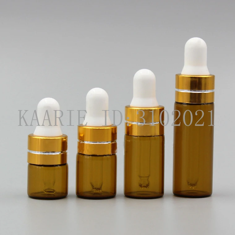 50/100/200pcs 1ml 2ml 3ml 5ml Perfume Essential Oil Bottles brown Glass Dropper Bottle Jars With Pipette gold ring white head | Красота и