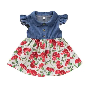 

Summer Baby Girl Flower Flare Sleeve Denim Casual Patchwork Dresses For Girls