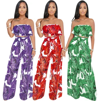 

Women Two Piece Set Leaves Print Bandeau Strapless Cropped Top Pants High Waist Ruffle Wide Loose Legs Pantsuit Sexy Sweatsuit