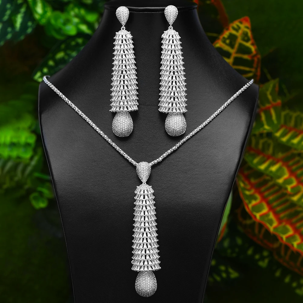 GODKI Jimbora Luxury Bridal Wedding Long Pendant 2PCS Chain Necklace Earrings Jewelry Set for Women Party Show Jewelry Sets