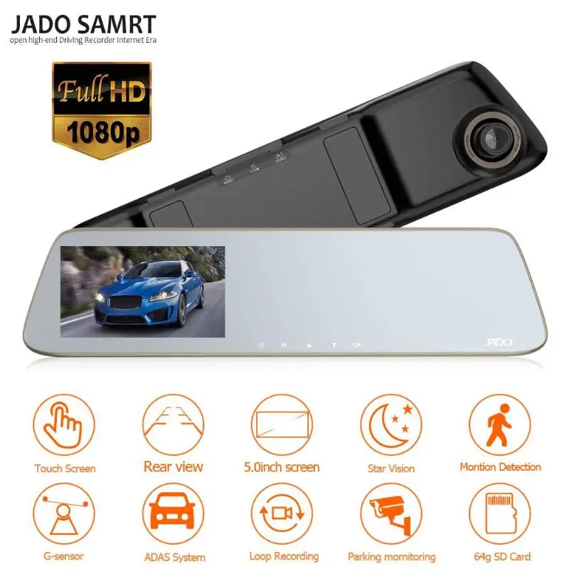 JADO D220S HD 1296p видеорегистратор для автомобиля камера рекордер 5 дюймов сенсорный экран ночного видения LDWS Dashcam Автомобильный видеорегистратор зеркало