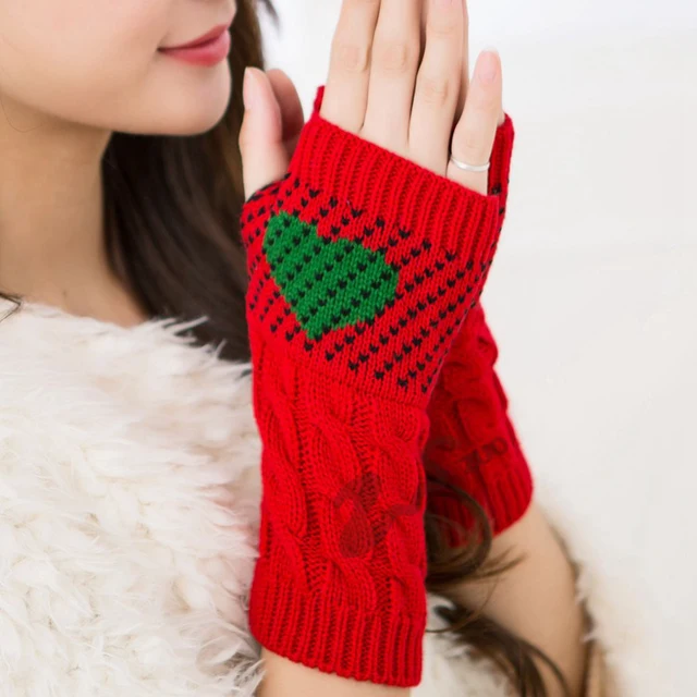 1 Pair Wool knitted Half Finger Lve Goves For Women Red Green Pink Color Elk Pattern For Winter Autumn Accessories