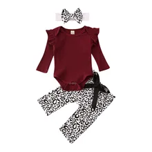 Комплект одежды из 3 предметов для новорожденных, одежда для маленьких мальчиков и девочек комбинезон с длинными рукавами и рюшами, леопардовые штаны, комплекты одежды на возраст от 0 до 18 месяцев