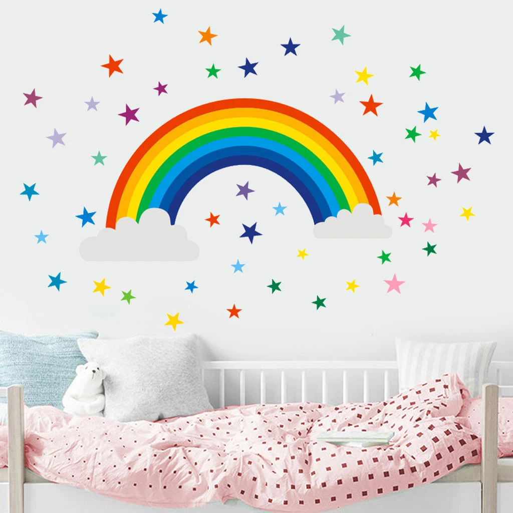 Cartoon Rainbow Stars Wall Sticker For Kids Rooms Living Room Bedroom Decorations Wallpaper Color Vinyl Art Mural Child Stickers Wall Stickers Aliexpress