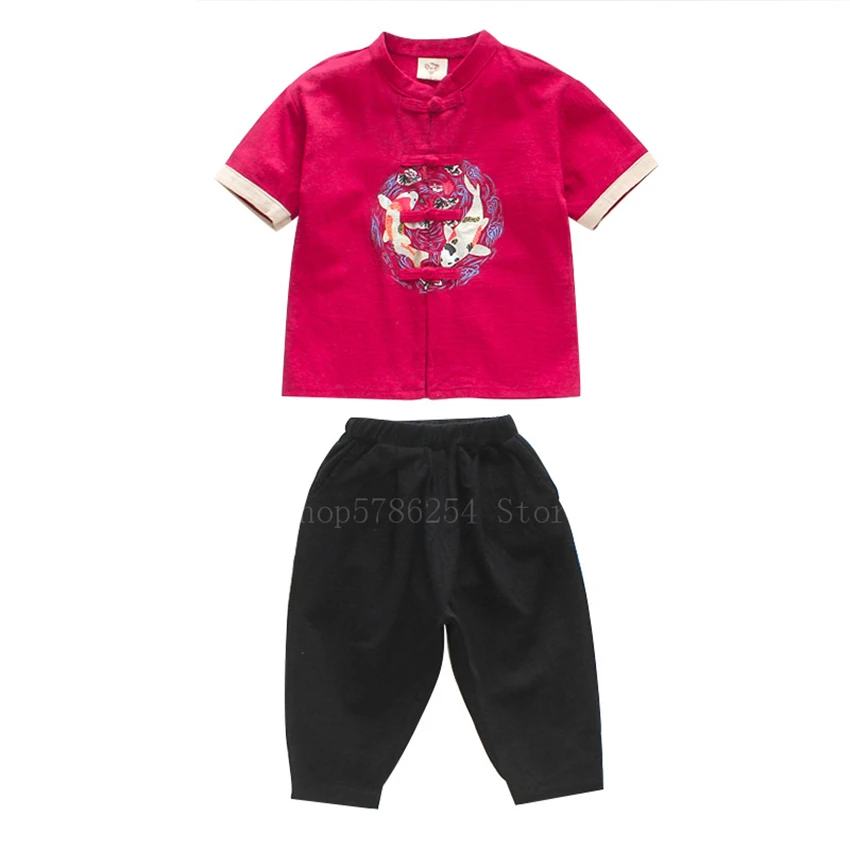 Summer Cotton Traditional Chinese Clothing for Kids Shirts Carp Vintage Top Pants Suit New Year Clothes Kung Fu Hanfu Men
