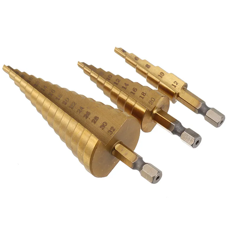 

3pcs HSS Titanium Coated Step 1/4" Hex Shank Drill Bits 4-12/4-20/4-32mm Core Drill Bits With 4mm Automatic Center Pin Punch