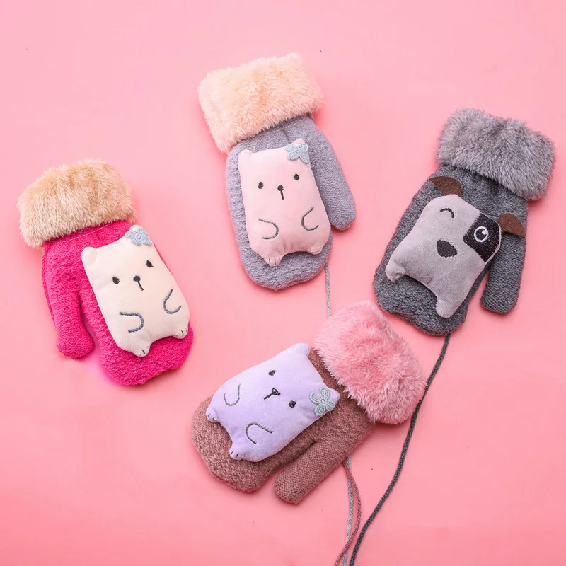 Зимние теплые детские лыжные перчатки с рисунками из мультфильмов; детские вязаные перчатки из бархата; плотные митенки для мальчиков и девочек; митенки детские