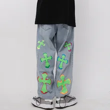 Pantalones vaqueros rectos de gran tamaño para hombre, ropa de estilo universitario, Vintage, Kpop, con Graffiti cruzado, 2021