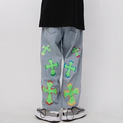 Pantalones vaqueros rectos de gran tamaño para hombre, ropa de estilo universitario, Vintage, Kpop, con Graffiti cruzado, 2021