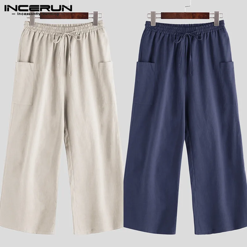 INCERUN Vintage Men Casual Wide Leg Pants Cotton Elastic Waist Pockets Joggers Retro Loose Trousers Men Street Style Long Pants