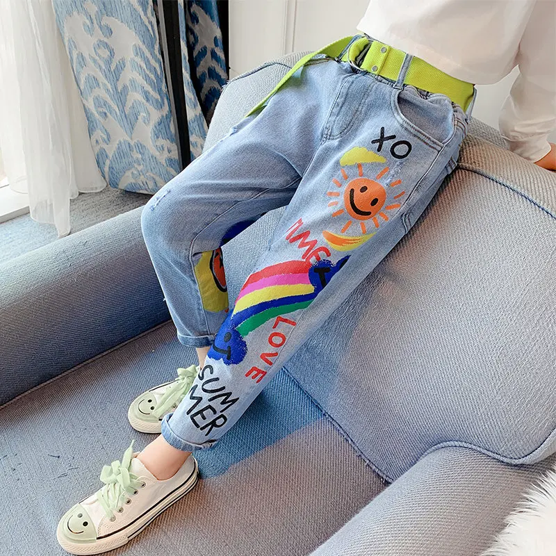 Offerte calde Jeans per ragazze adolescenti bambini 8 12 anni pantaloni  Casual con stampa di Graffiti di alta qualità con pantaloni arcobaleno  Cartoon|Jeans| - AliExpress