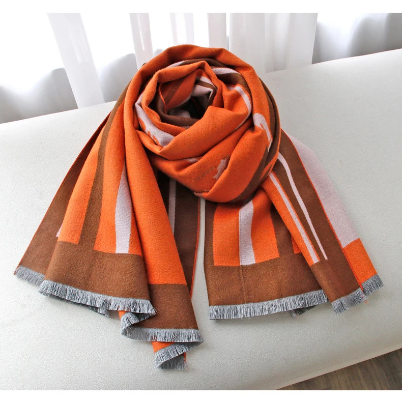 Оранжевый шарф женские новые зимние теплые женские шарфы двухсторонние толстые Шали Обертывания фирменный дизайн 190*65 см