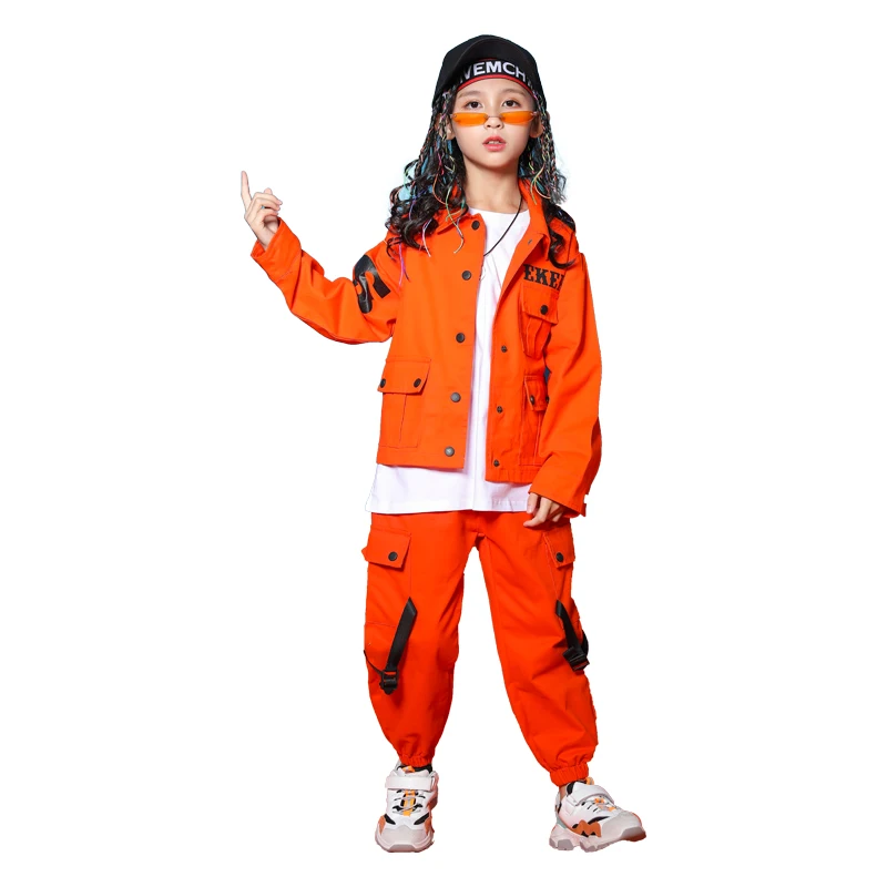 Jazz Costumes Orange Tooling Long Sleeve Jacket Pants Boys Street Dancing Clothes Hip Hop Dance Set Stage Dancewear Kids clothing sets black	