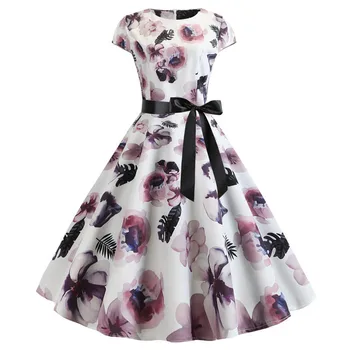 

Women Vintage Dress Robe 2019 Summer Floral Print Short Sleeve Dresses 50s Office Party Rockabilly Swing Retro Pinup Plus Size