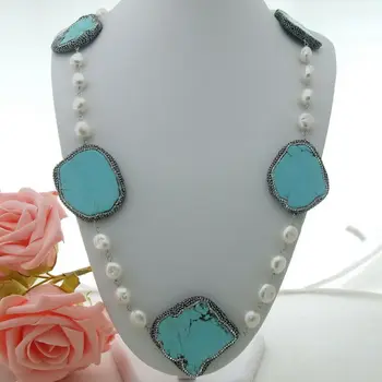 

N012402 38" 13mm White Baroque Pearl Blue T1urquoise Necklace