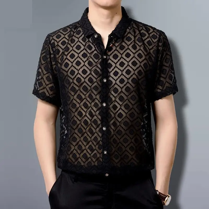 Lace Shirts Mens transparent Clothing Mens See Through Sexy Mens Mesh Shirts for Big Breasts Black Chiffon Party Club Outfits Lace Shirts Mens transparent Clothing Mens See Through Sexy Mens Mesh Shirts for Big Breasts Black Chiffon Party Club Outfits