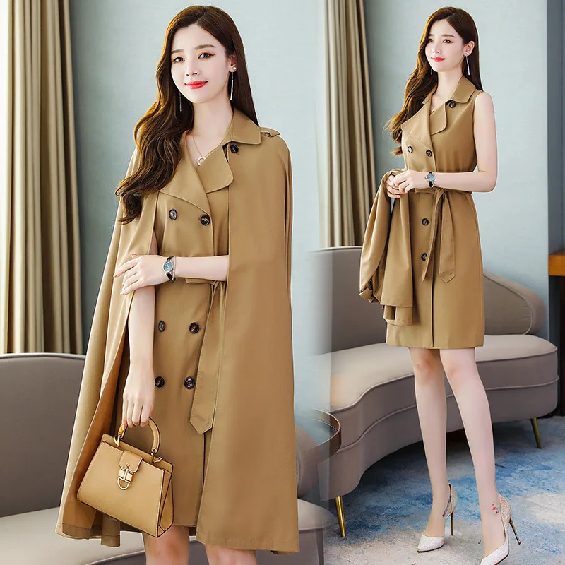 

2019 Autumn New Style Slim Fit Fashion Elegant Slimming Simple Versatile Medium-length Cloak Windbreaker Set Two-Piece Set