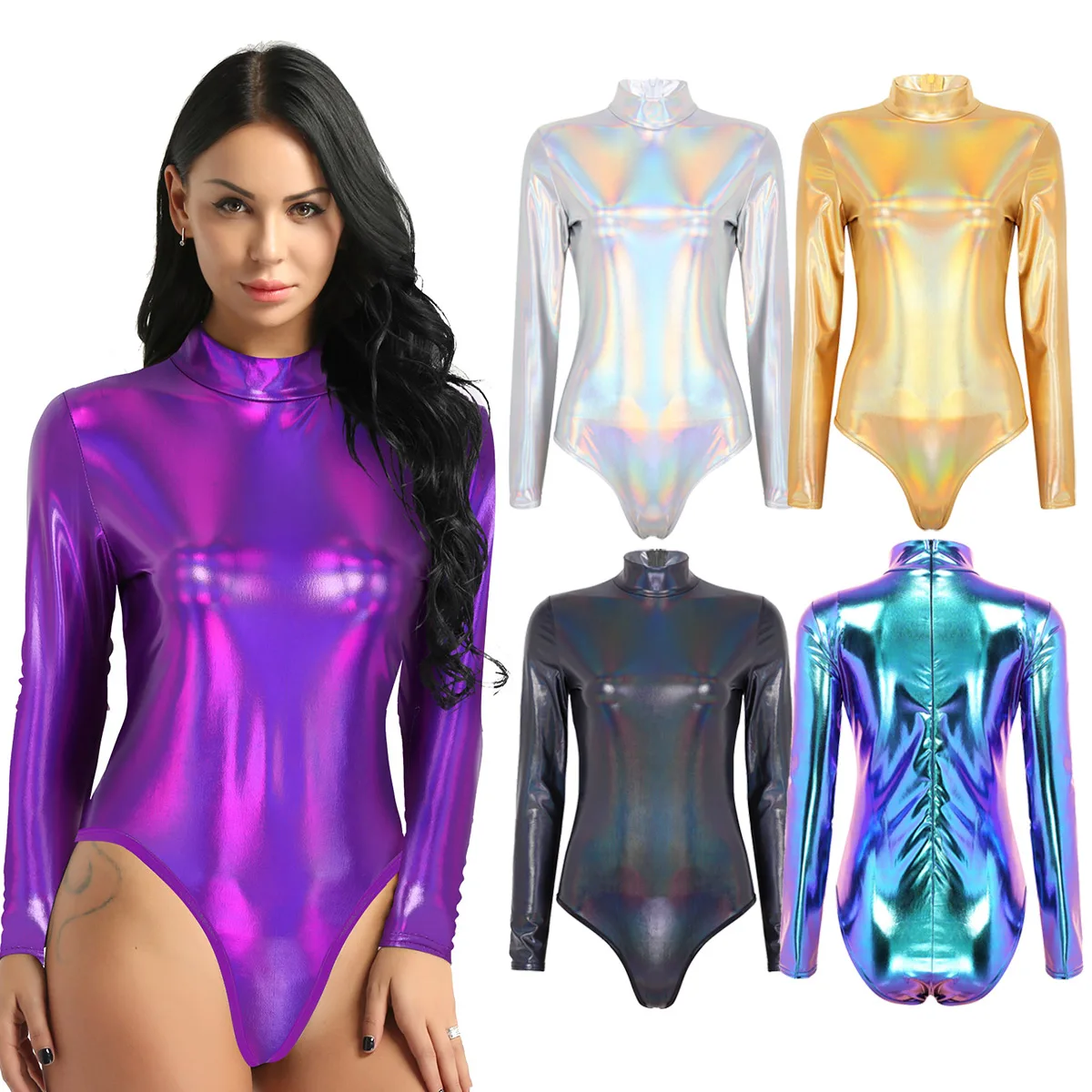 Womens Shiny Metallic Bodysuit Gymnastic Dance Leotard One-piece Turtleneck Long Sleeves Rave Party Stage Performance Clubwear cosplay costume,adult unitard,girls gymnastics leotard