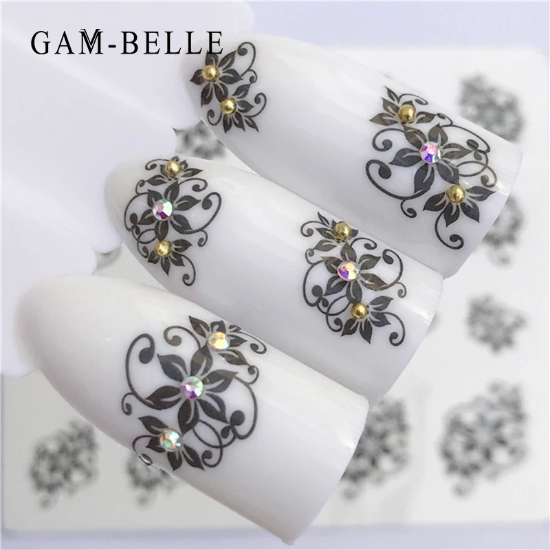 GAM BELLE 1 шт. 5 видов дизайна ногтей черная наклейка переводная вода DIY цветок Роза