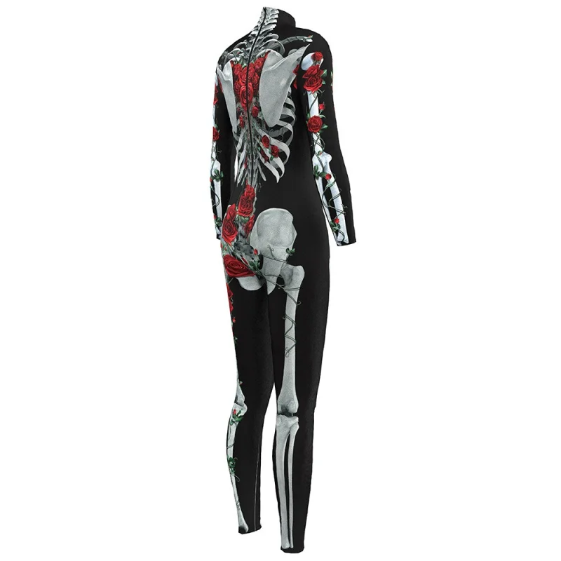 Цветочный механический костюм с изображением костей, страшные костюмы на Хэллоуин для женщин, Розовый Скелет, Череп, комбинезон размера плюс