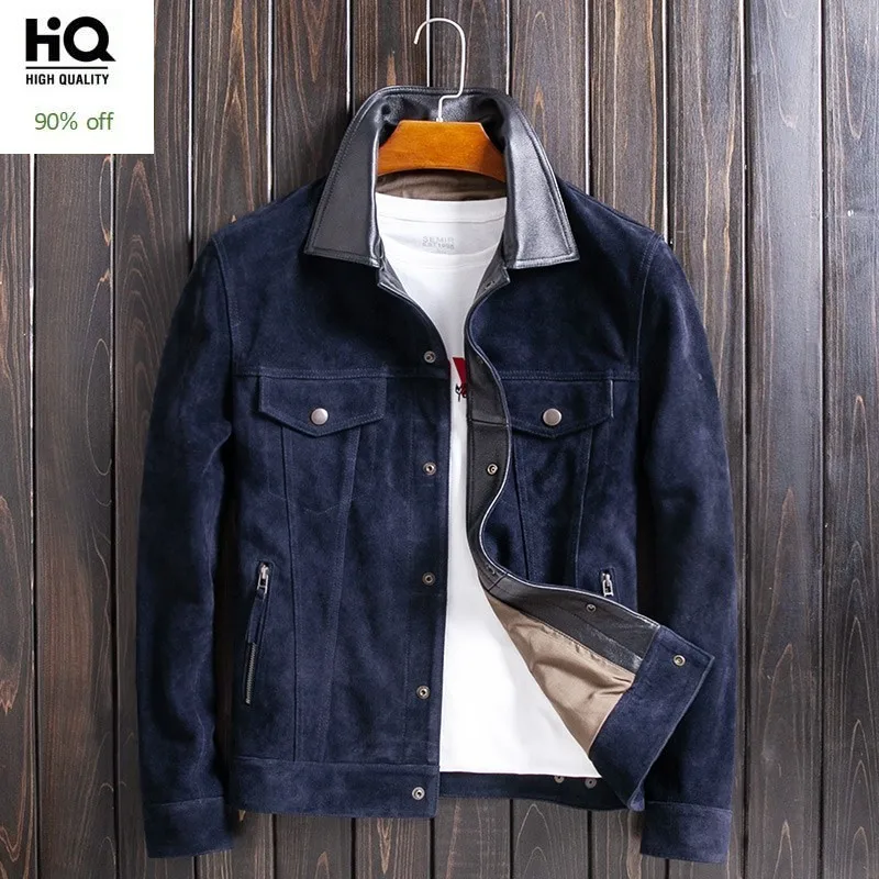 

Spring Autumn Nubuck Cowhide Slim Fit Mens Short Jackets Long Sleeve Single Breasted Genuine Leather Motorcycle Plus Size Coats