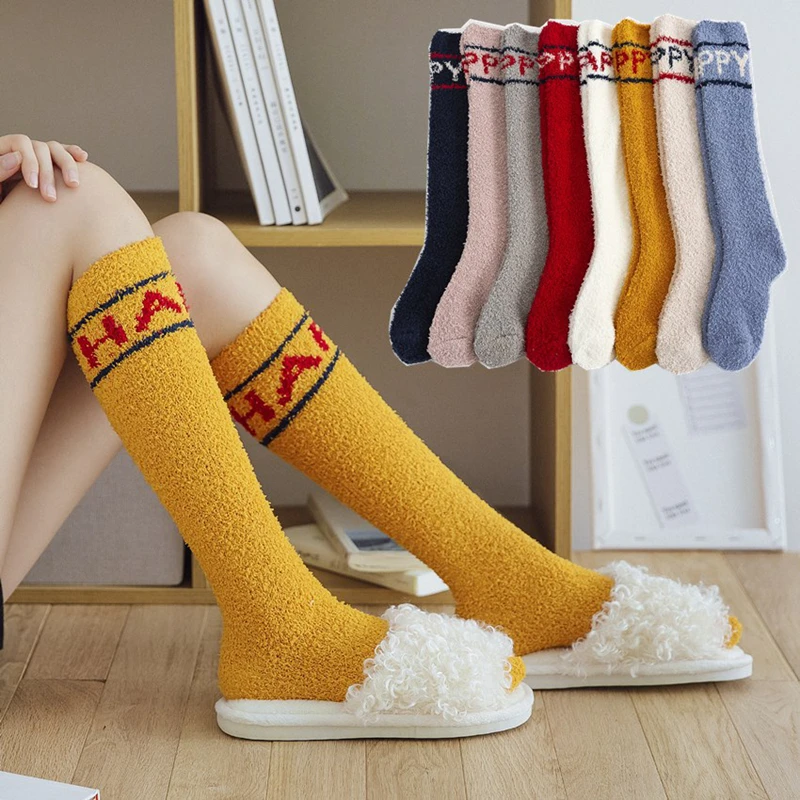 

Thicken Winter Warm letters Stockings Women Coral fleece Thigh High Stockings Calf Long Stockings Thermal Cute Towel Meias