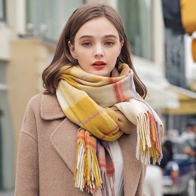

100% Real Wool Scarf Women Warm Shawls and Wraps for Ladies Stole Femme Plaid Warps Winter Wool Scarves Luxury Pashmina Cashmere