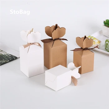 

StoBag 20pcs White Kraft Paper Creative Wedding Candy Box Fishtail Vase Whit Ribbon Decoration Wedding Candy Packaging Box