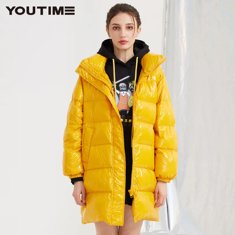 Модный женский зимний пуховик средней длины Водонепроницаемая яркая куртка повседневная теплая верхняя одежда черный желтый - Цвет: yellow