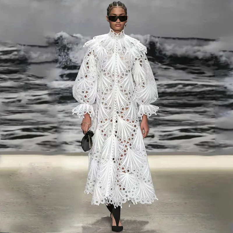 

2020 Spring Fashion New White Patchwork long party Dress Women Stand Collar Long Sleeve Hollow Out Lace Dresses Robe Female