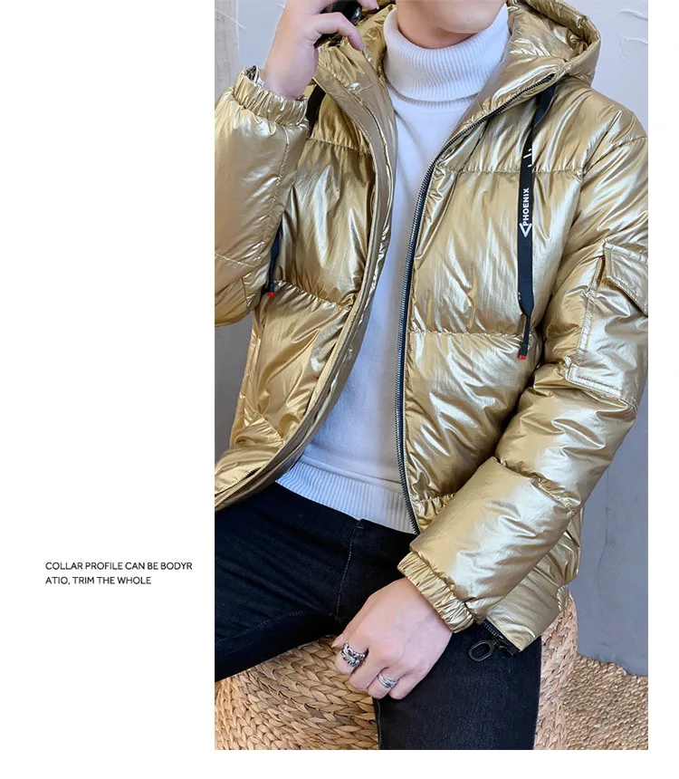 Новая зимняя Золотая хлопковая стеганая куртка для молодых мужчин с капюшоном, блестящая зимняя куртка