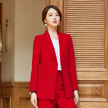 

2 Piece Set Simple Formal Pant Suit Blazer Office Lady Designs Women Double Breasted Shawl Lapel Red Business Suit Slim Fit Suit