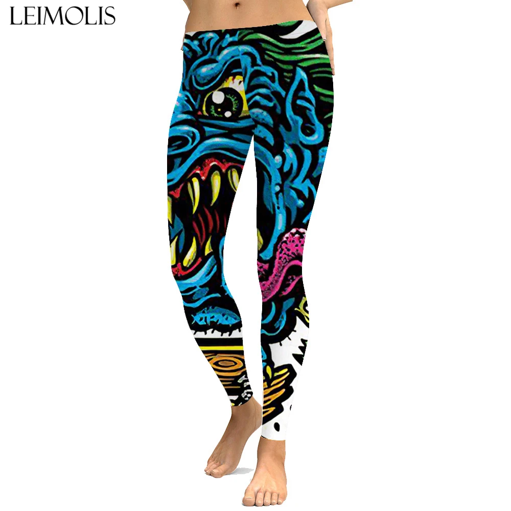 

LEIMOLIS Blue monster Gothic Cartoon print push up leggings plus size women fitness workout punk high waist spandex leggins