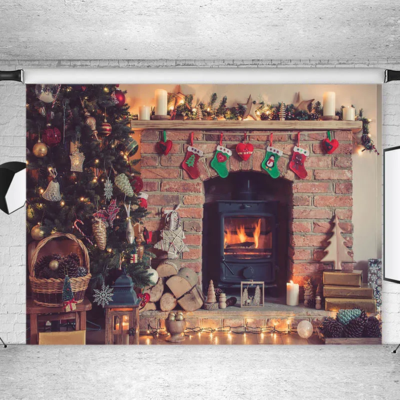 

Christmas Decor Tree Photography Backdrops Fireplace Christmas Stocking Gift Fireplace Children Backgrounds for Photo Studio