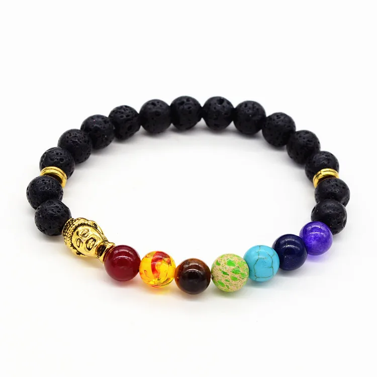 

Buddha head Yoga 7 Chakras Healing Balance 8mm Beads Natural Lava Stone Bracelets Vintage Ball
