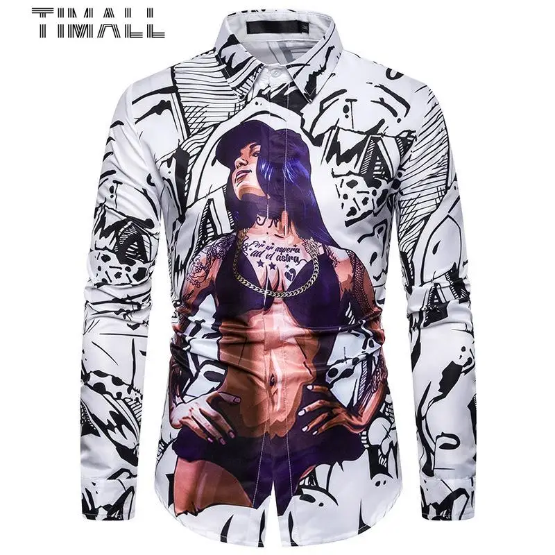 

TIMALL3D Men's Print Casual Long Sleeve Shirt Chemise Homme Social Men