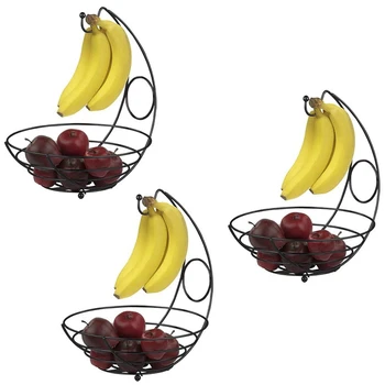 

Fruit Bowl Basket with Banana Tree Holder Hanger Sturdy Fruit & Vegetables Holder Kitchen Storage Basket Stand (3Pack)