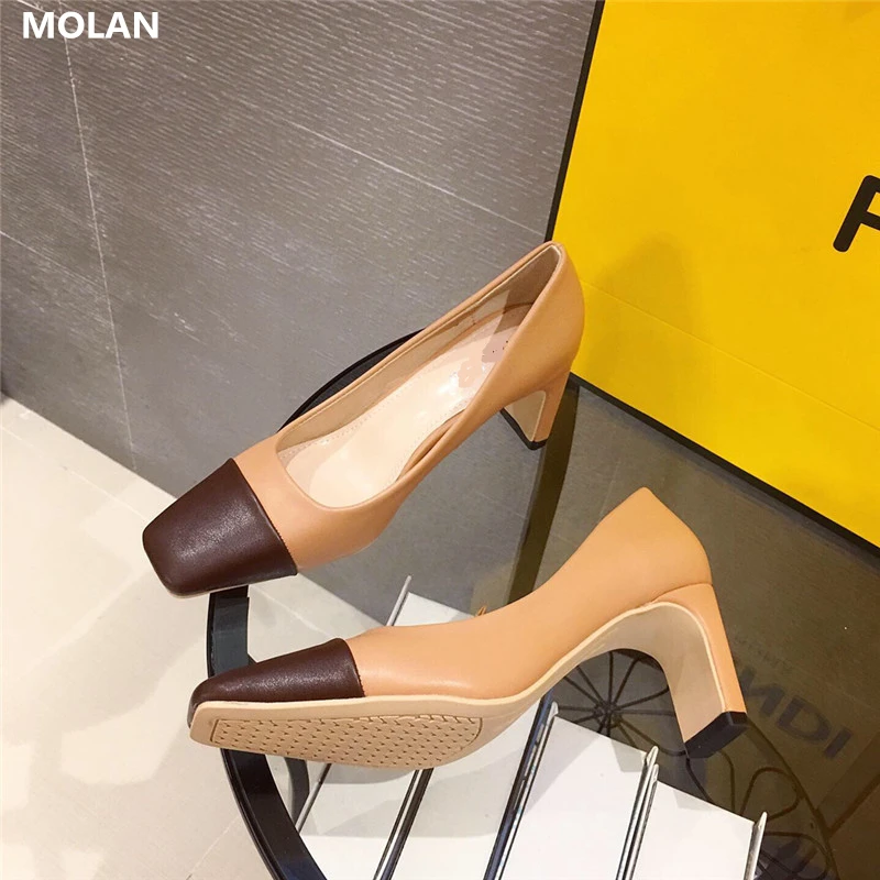 

MOLAN Brand Designers 2019 Autumn Korean New Fashion Luxury Square Toe Mix Colors Square Toe High Heels Shallow Pumps Lady Shoes