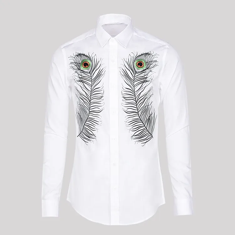 Модные Для мужчин Peacocktail вышивка Короткие парадная Свадебная рубашка осень-весна с длинным рукавом белый черный Slim Fit хлопковая рубашка M-2XL