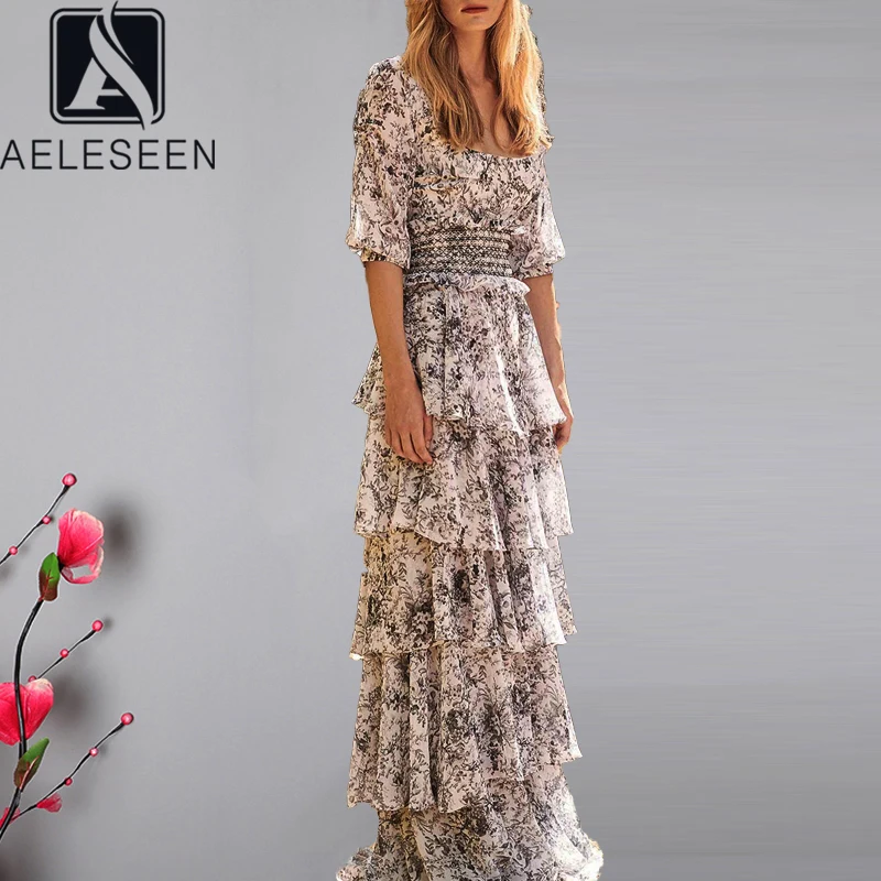 AELESEEN 2020 Spring Fashion Runway Boho vrouwen Jurk Slash Hals Bloemenprint Chiffon Ruches Holiday Party Lange Jurk