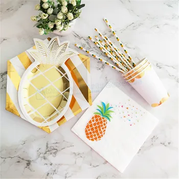 

80 Sets Gold Pineapple Tableware Hexagon Paper Plates Dishes Tissue Napkins Paper Cups Straws for Anniversary Graduation Wedding