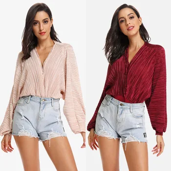 

Women Fashion Elegant Auturm Loose Bat Sleeve Wrinkle Overalls Rompers Sexy Deep V-neck Jumpsuit Women Bottoming Bodysuit