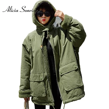 

Winter Jacket Women Cotton Padded Coat Loose Double Size Use Black Outwear Thick Lambskin Warm Plus Size Parkas Female Jacket
