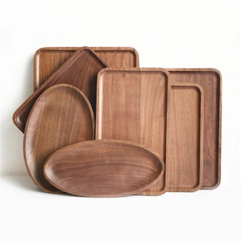 

Walnut Solid Wood Plate Dishes Wood Fruit Japanese Style Serving Plate Round Wooden Saucer Tea Tray Dessert Dinner Tableware Set