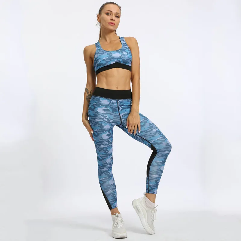 

NORMOV Fitness Women Sets O Neck Sleeveless Pullover And Elastic Waist Trouser Camouflage Print Patchwork Suit Casual Femme Sets