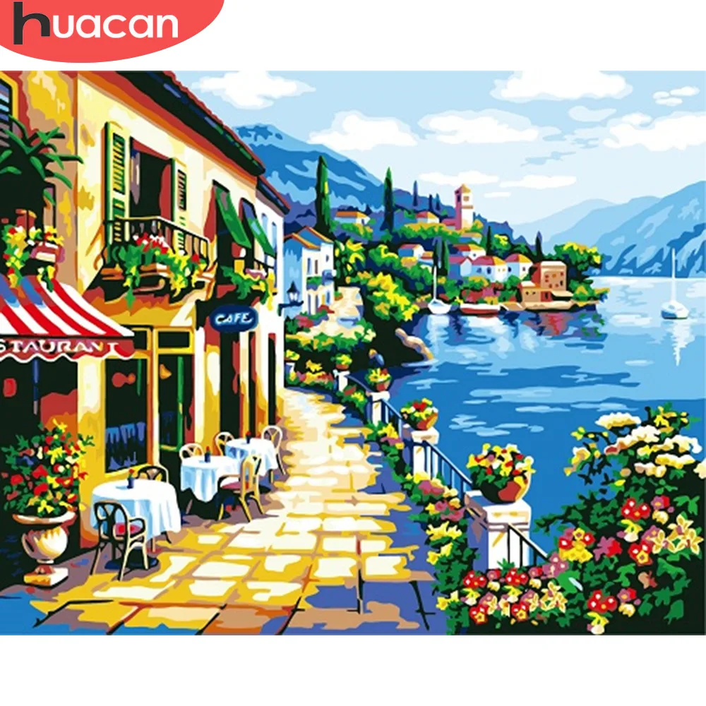 

HUACAN DIY Pictures By Numbers City Scenery Oil Painting By Numbers Seaside Landscape Kits Drawing Canvas HandPainted Home Decor