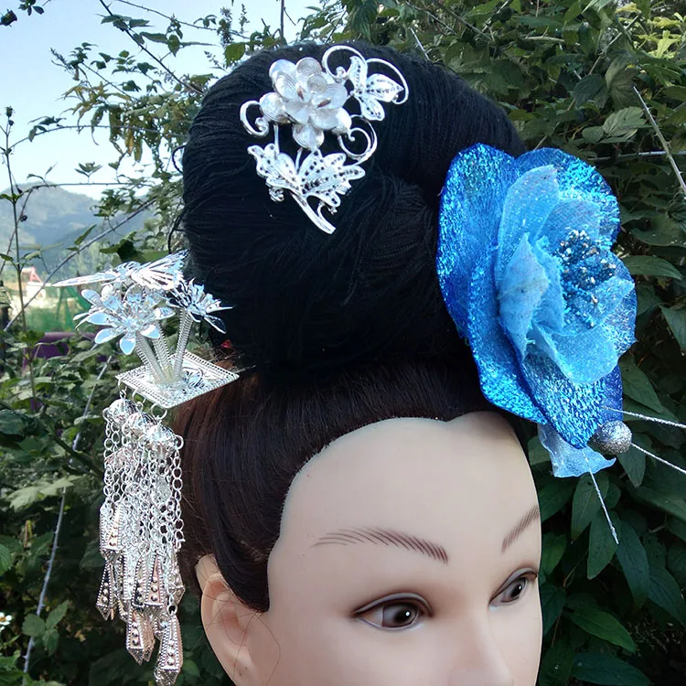 ethnic Miao Silver Handmade flowers and birds Hairpin Headdress hat 