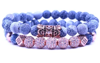

8mm 2PCS/Set rose gold jghj2 elastic adjusted nature grey weathering agate micro pave cz zircon cubic zirconia tube Bracelet