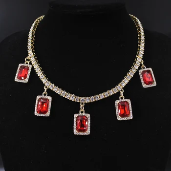 

iced out bling red stone charms 1 row tennis chain gold silver color butterfly pendant choker women jewelry hip hop necklace