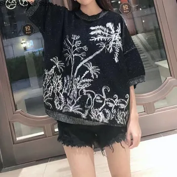 

2020 Embroidery Five Points Sleeve Knitting Shirt Loose Slim Temperament Knitting Bat Shirt Top Female